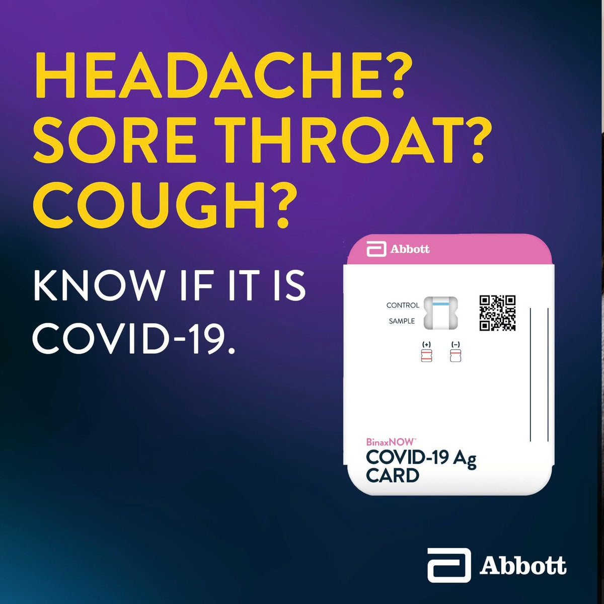 Headache, sore throat, cough text beside a BinaxNOW COVID-19 Ag test card