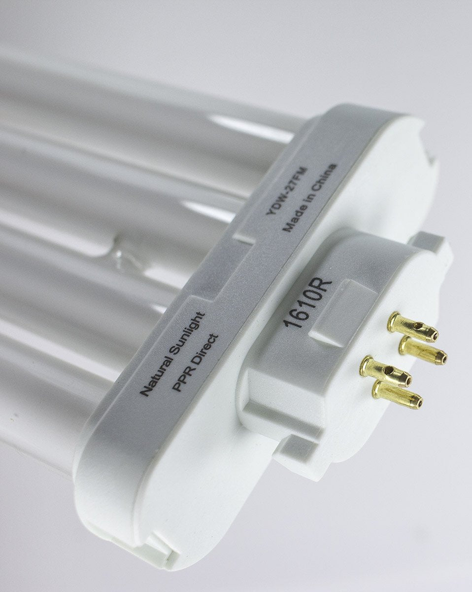 Close-up of the bulb base with model markings and four gold contact pins
