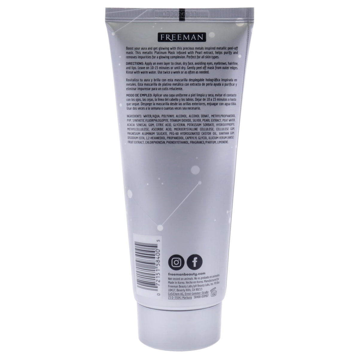 Back of the silver tube with directions in English and Spanish and ingredients