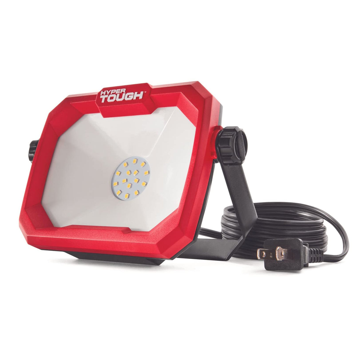Red Hyper Tough corded LED work light on a folding black stand with power plug