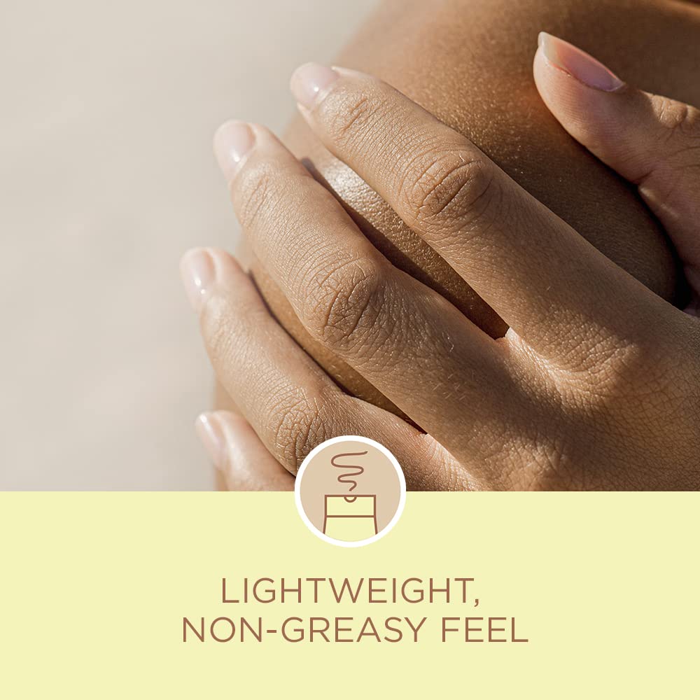 Close-up of hands on a sunlit shoulder above text about a lightweight, non-greasy feel