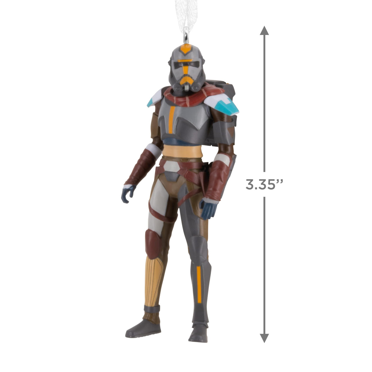 Size guide showing the armoured soldier ornament at 3.35 inches tall