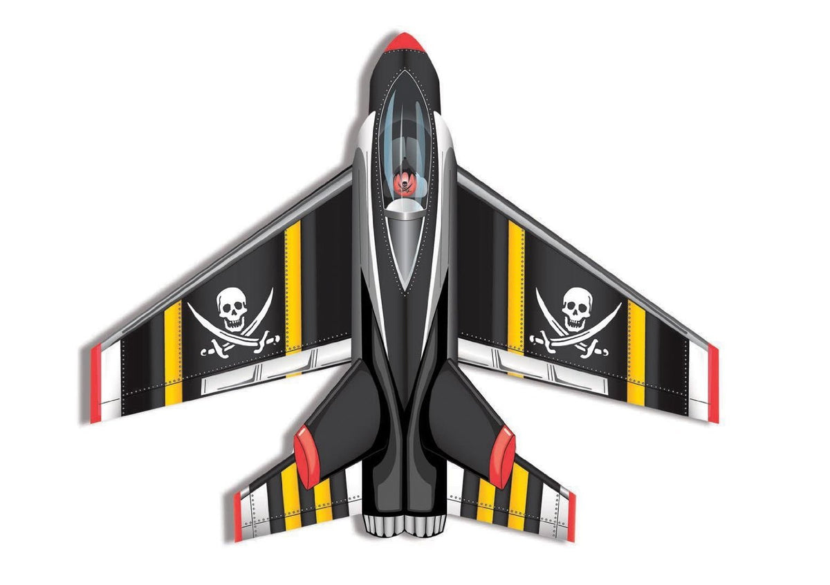 Black jet plane kite with skull and crossed swords on the wings and yellow stripes