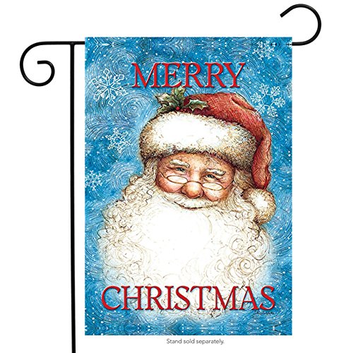 Blue swirled garden flag with a smiling Santa in glasses and Merry Christmas, on a stand