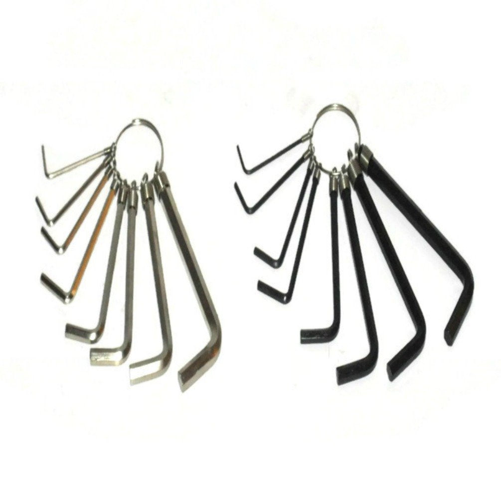 Two rings of L-shaped hex keys, one chrome set and one black set