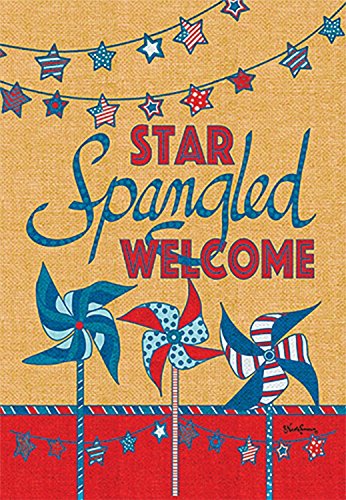Flat view of the patriotic pinwheel flag with star garlands