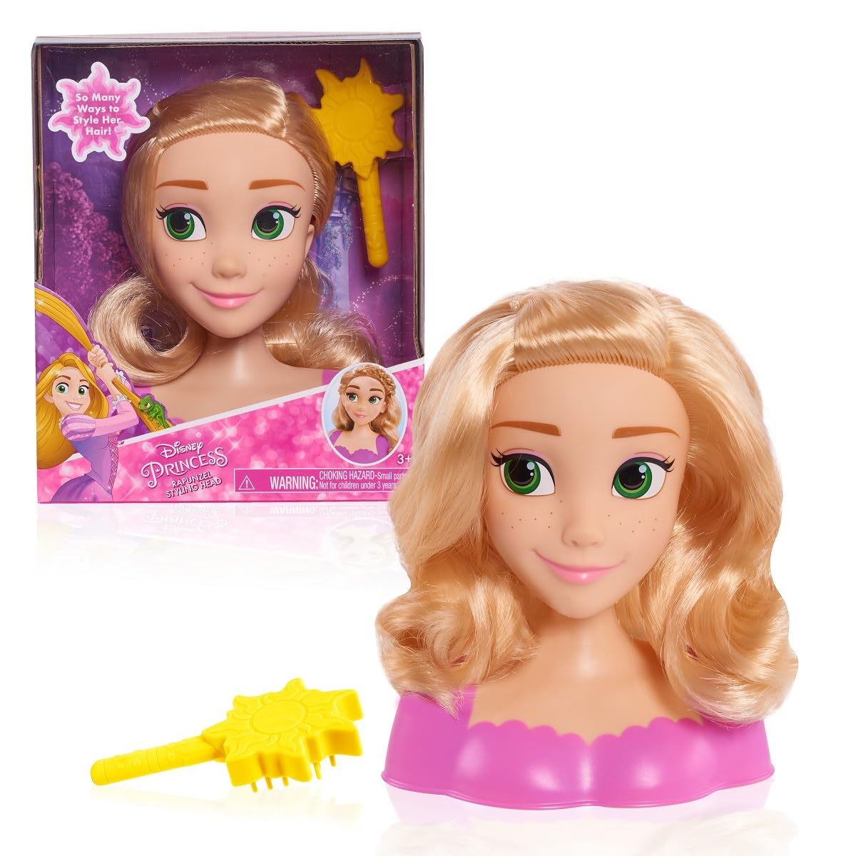 Boxed and unboxed Rapunzel mini styling head with wavy blonde hair and yellow sun brush