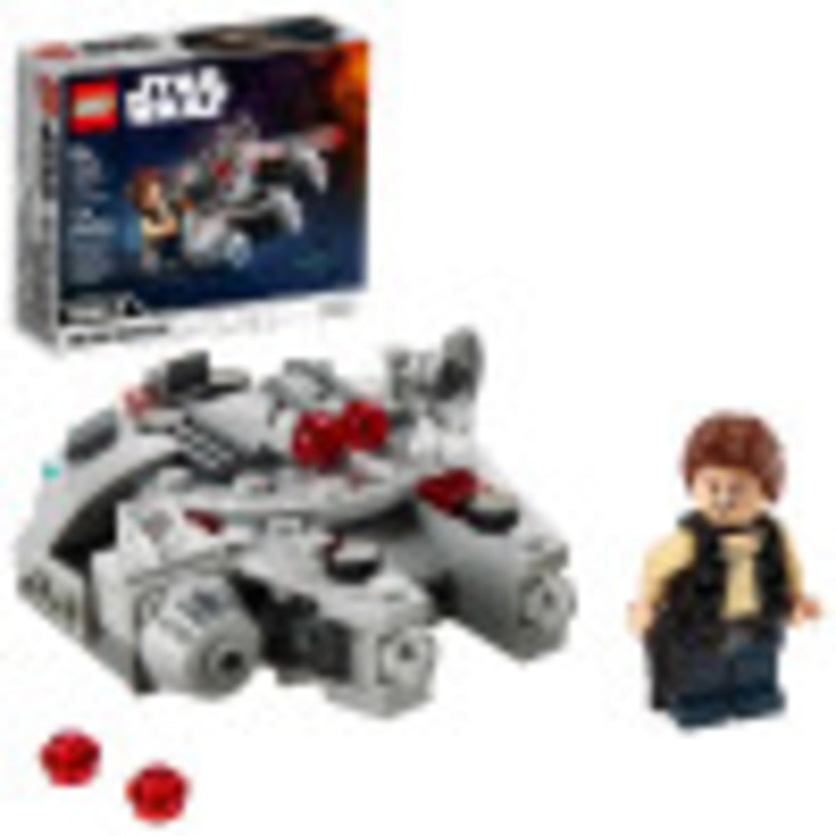 LEGO Star Wars microfighter box with a grey Millennium Falcon build and Han Solo minifigure