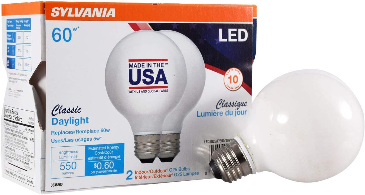 Two-pack box of 60W-equivalent daylight globe LED bulbs with one bulb beside it