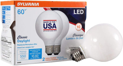 SYLVANIA G25 Globe Décor Light Bulbs, 60W Equivalent Efficient 5W, Non-Dimmable, 500 Lumens, 5000K, Daylight - 2 Pack (40219)