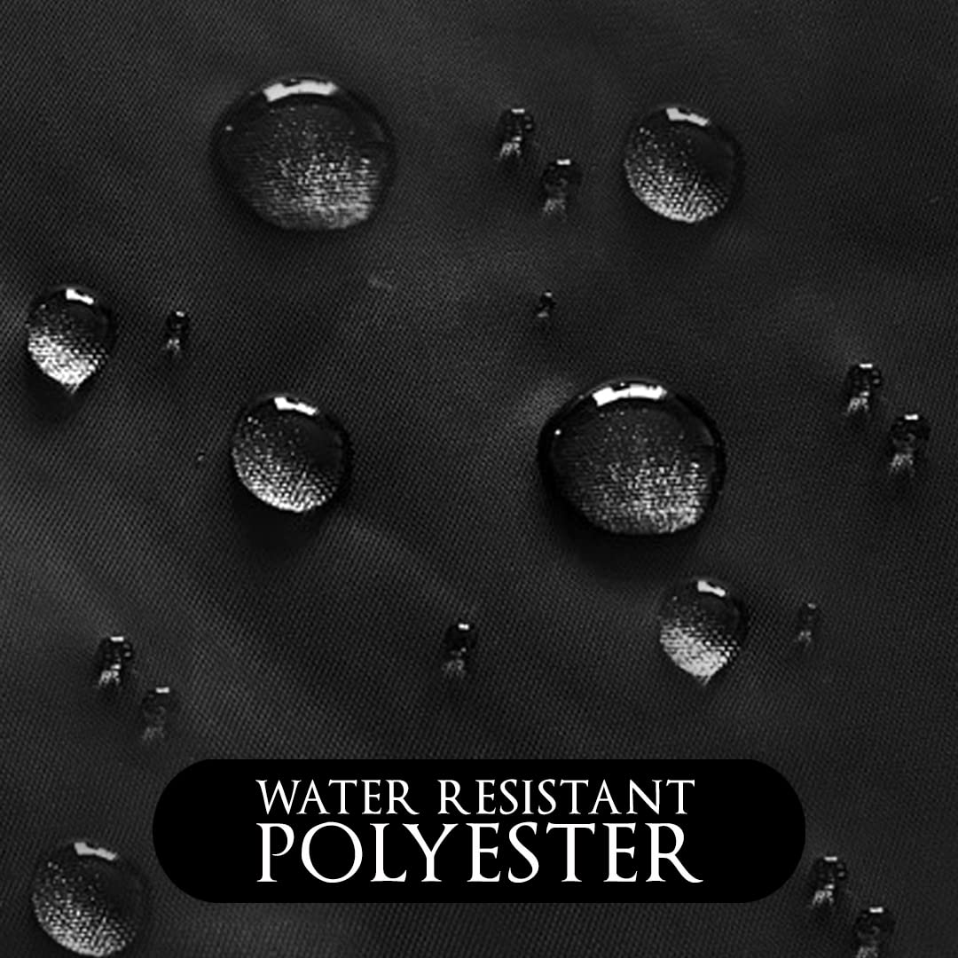 Water droplets beading on black fabric labelled water resistant polyester