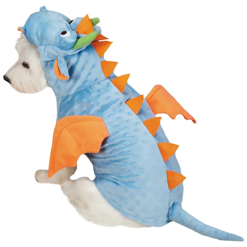 White dog wearing a light blue dragon costume with orange wings, spikes and hood