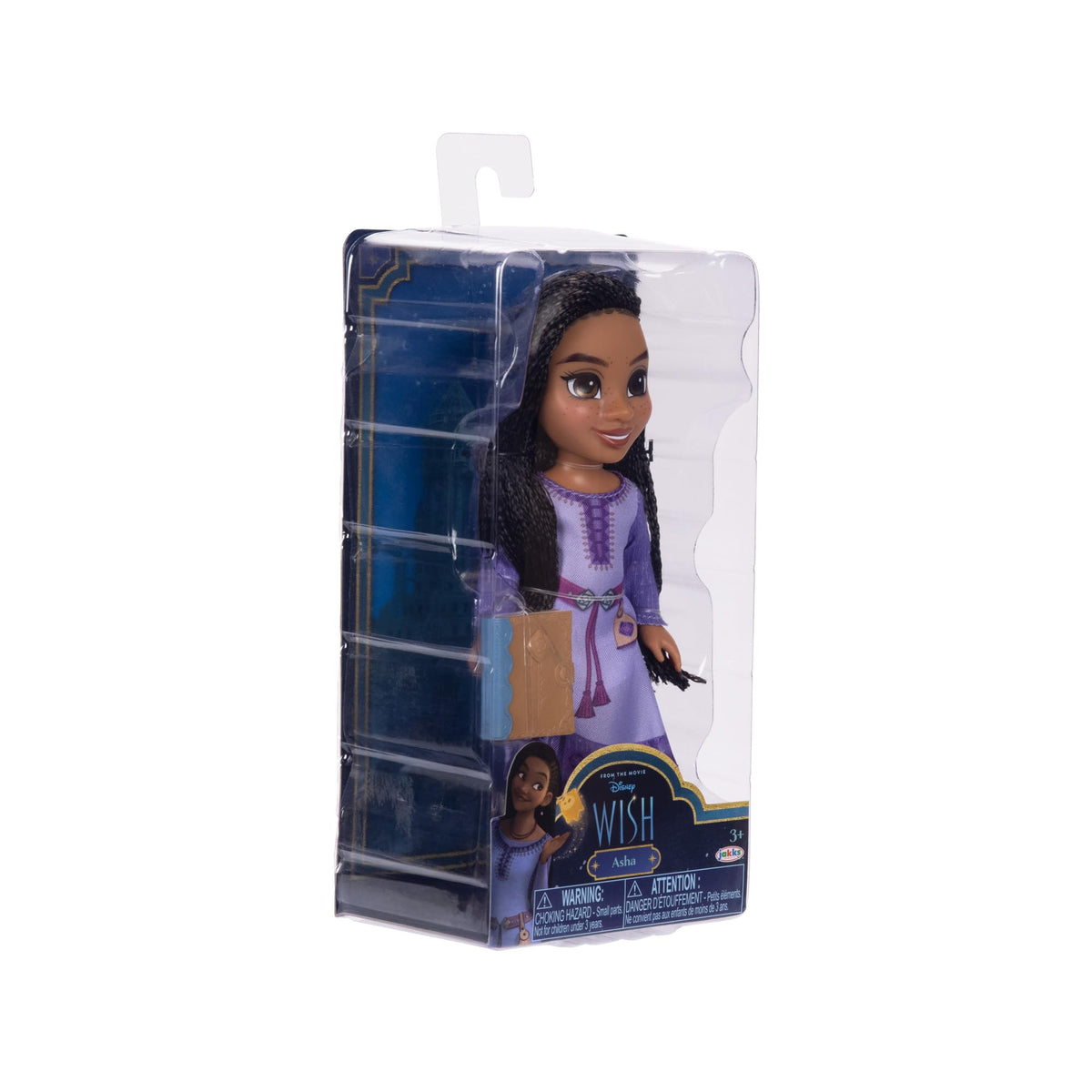 Boxed doll with long braids in a lilac dress with a book, in a clear blister on a starry blue card