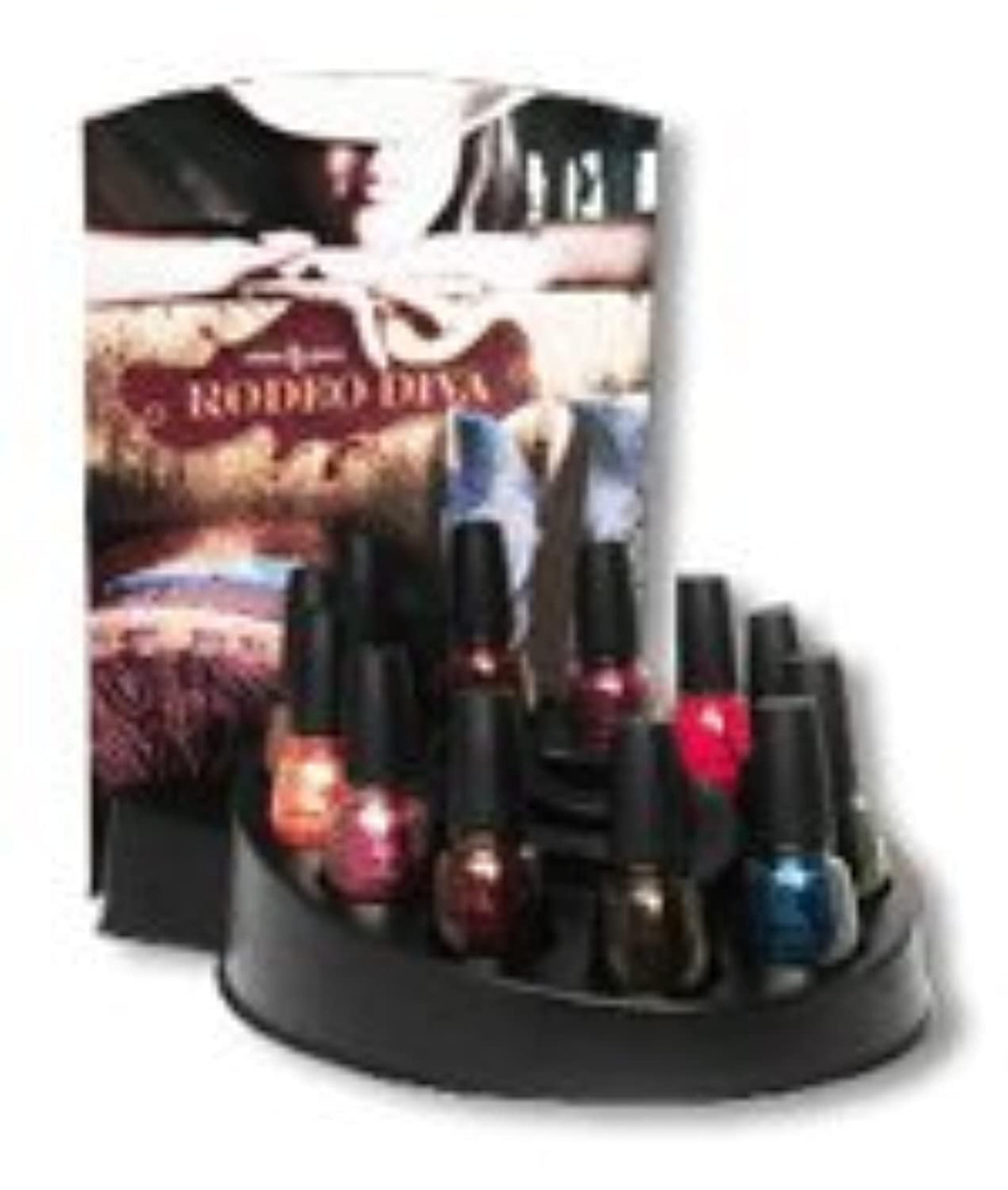 Rodeo Diva collection counter display holding a dozen nail polish bottles