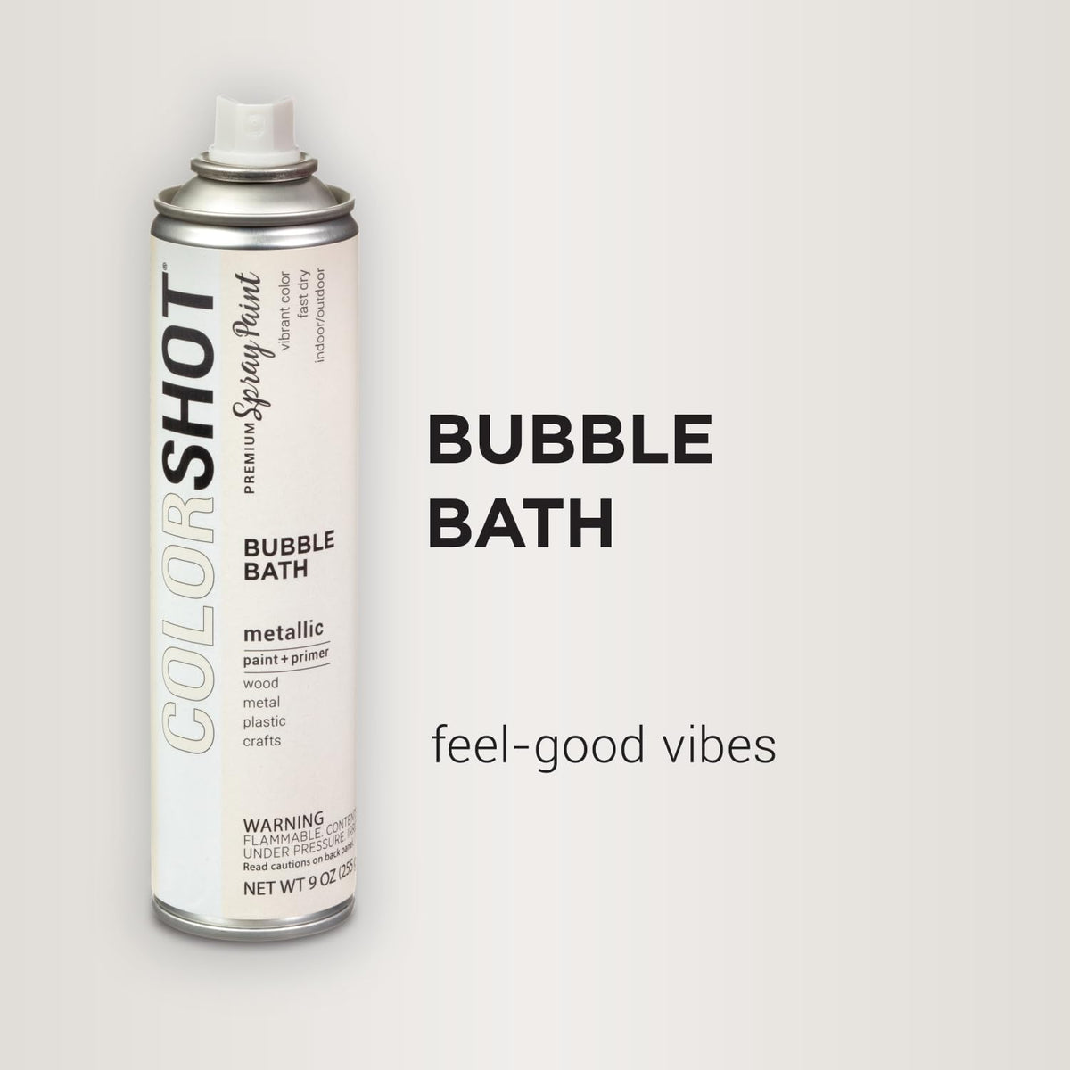 Uncapped pearly white spray can with Bubble Bath, feel-good vibes text