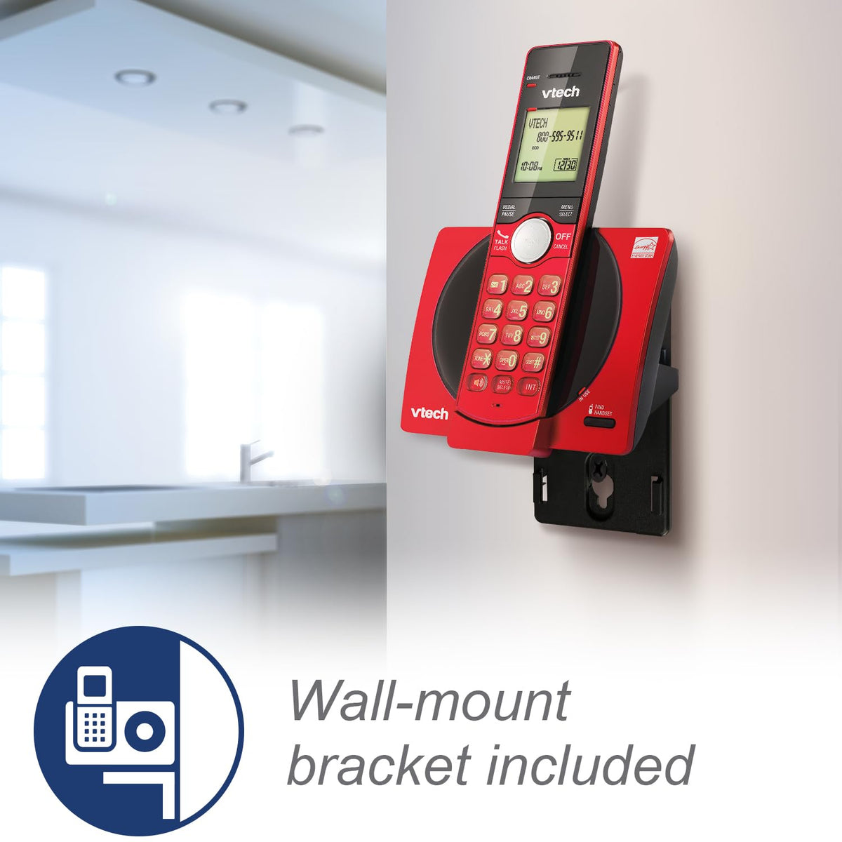 Red cordless phone base mounted on a wall with the included black bracket