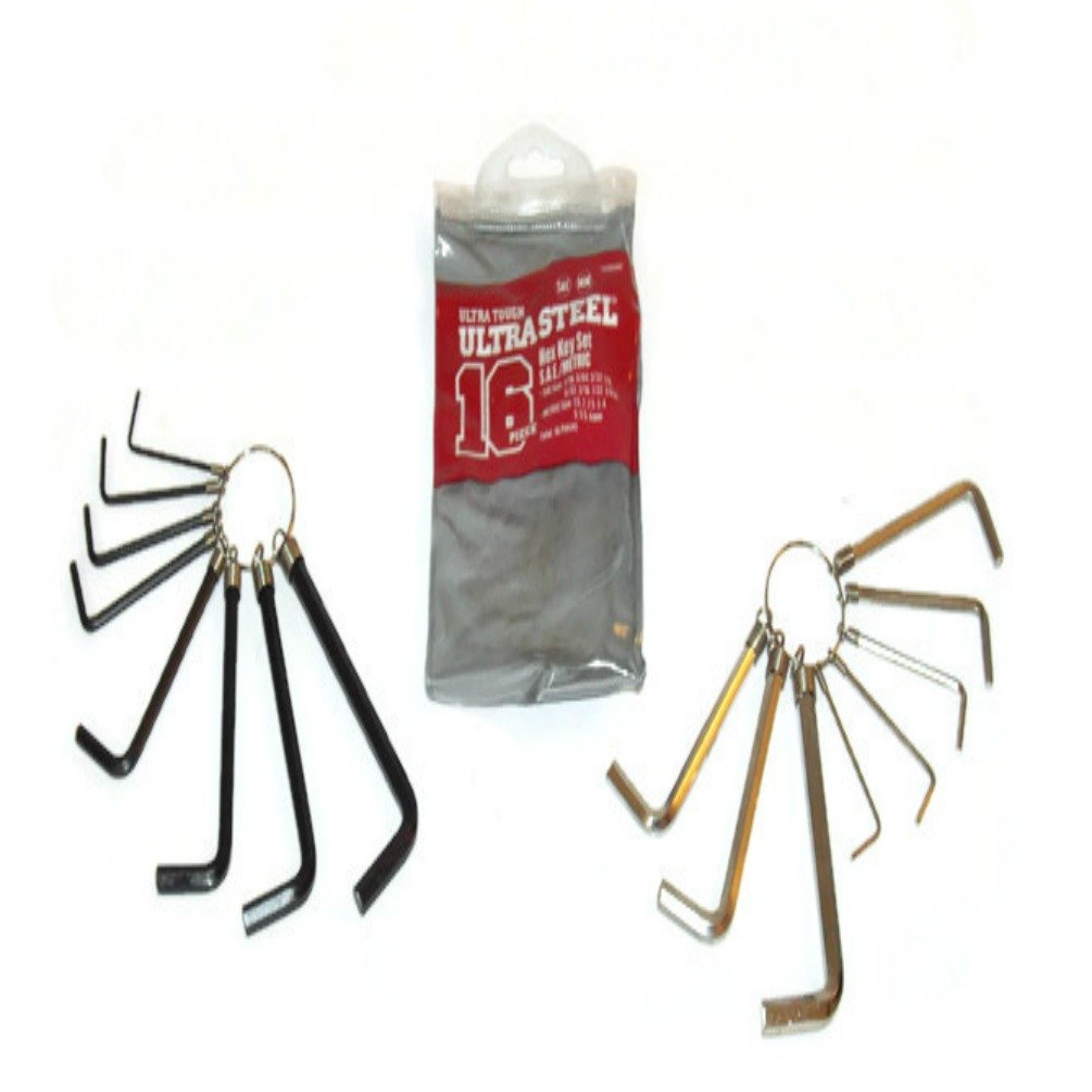 Ultra Steel 16 piece SAE and metric hex key set on two rings beside its red and grey pouch