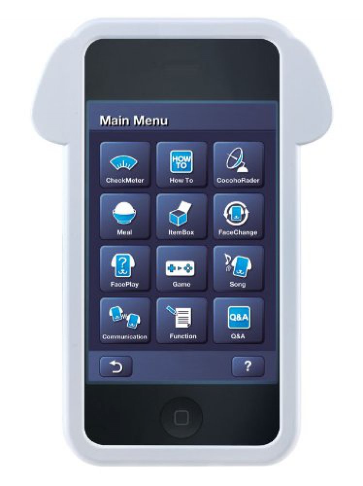 Phone in a dog-ear case showing the app main menu with game, song and meal icons