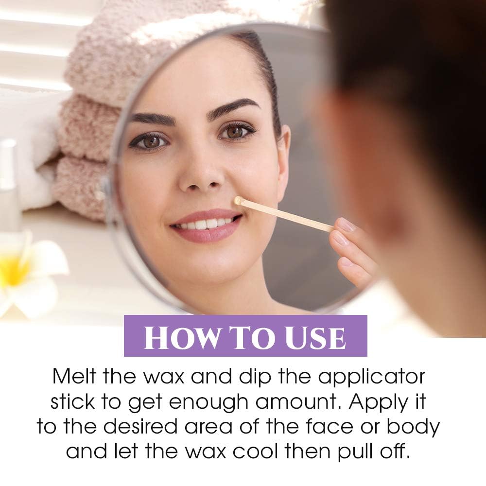 Woman in a mirror applying wax to her upper lip with a small wooden stick, how-to steps