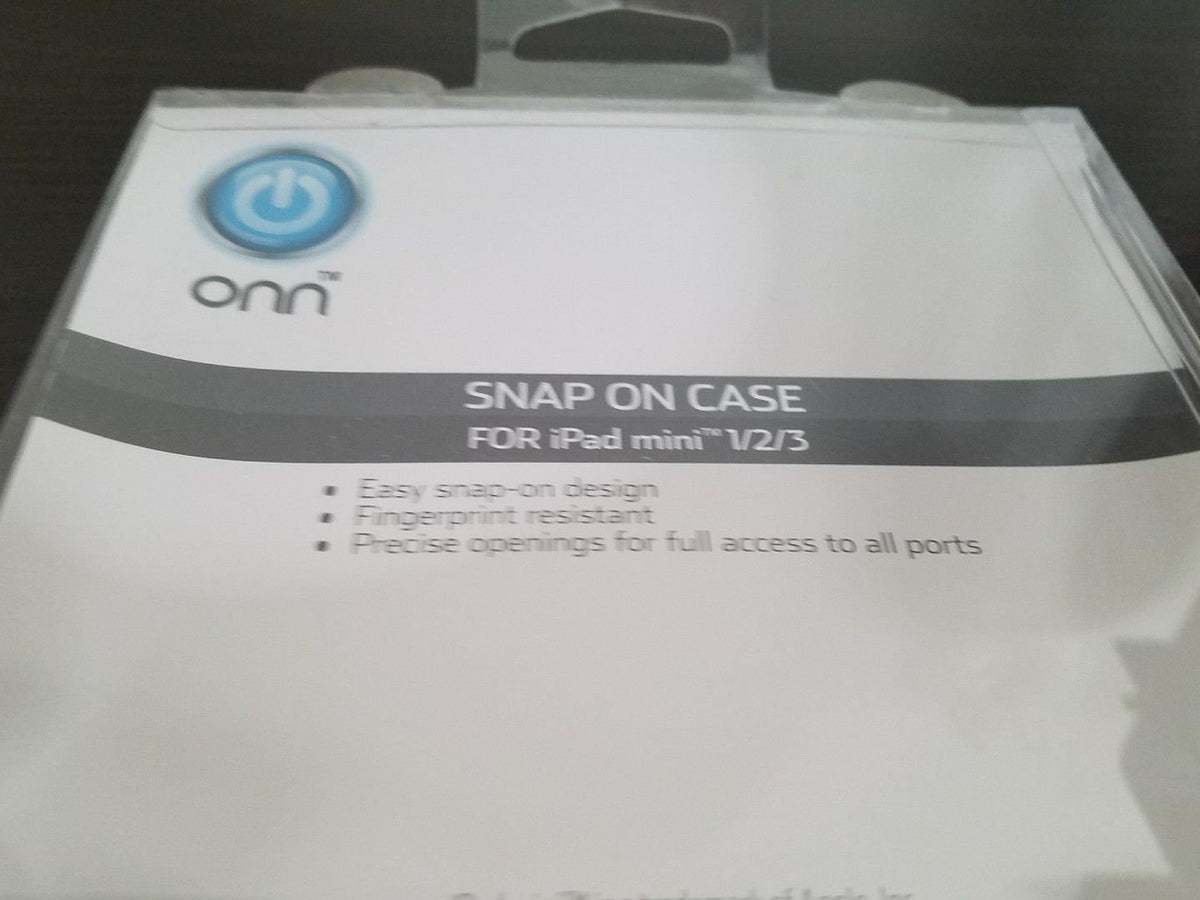 Close-up of the onn iPad mini case label listing snap-on, fingerprint resistant