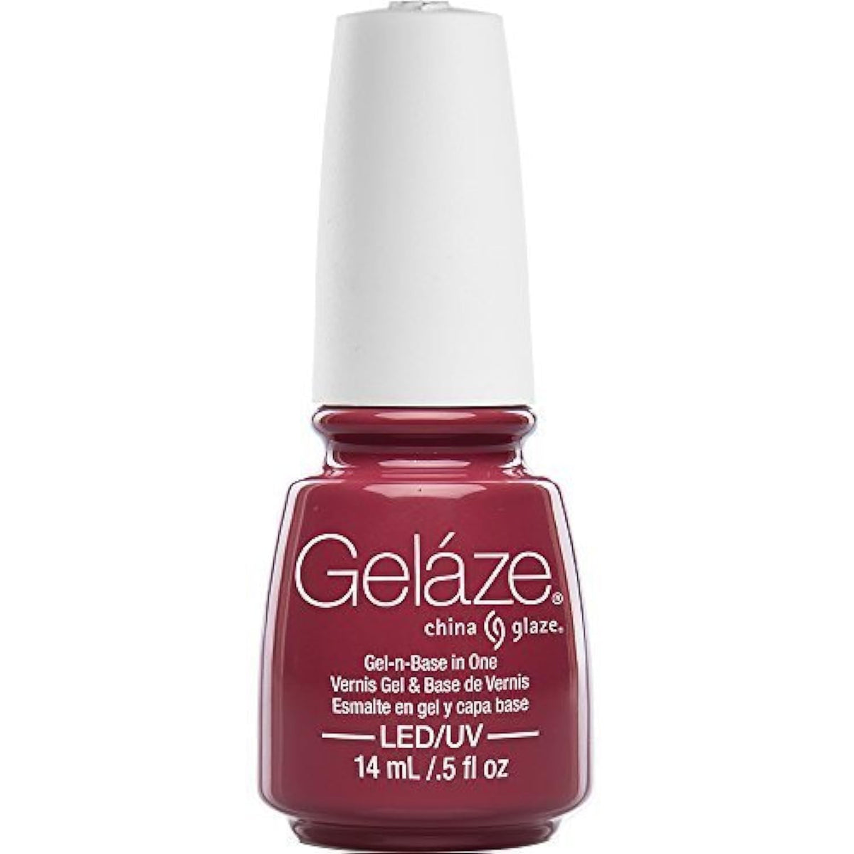 Bottle of deep rose red gel polish with a white cap, 14 mL LED/UV