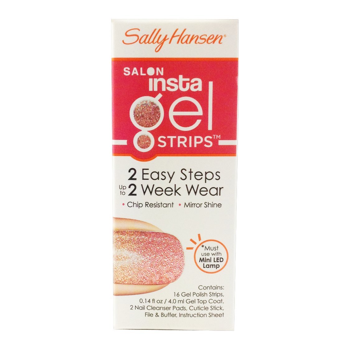 Gel strip box showing a nail with glittery pink to peach ombre