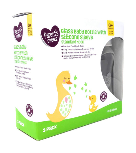 Parent's Choice Glass Baby Bottles 3 Pack Slow Flow 0+ Standard Neck 9 oz New