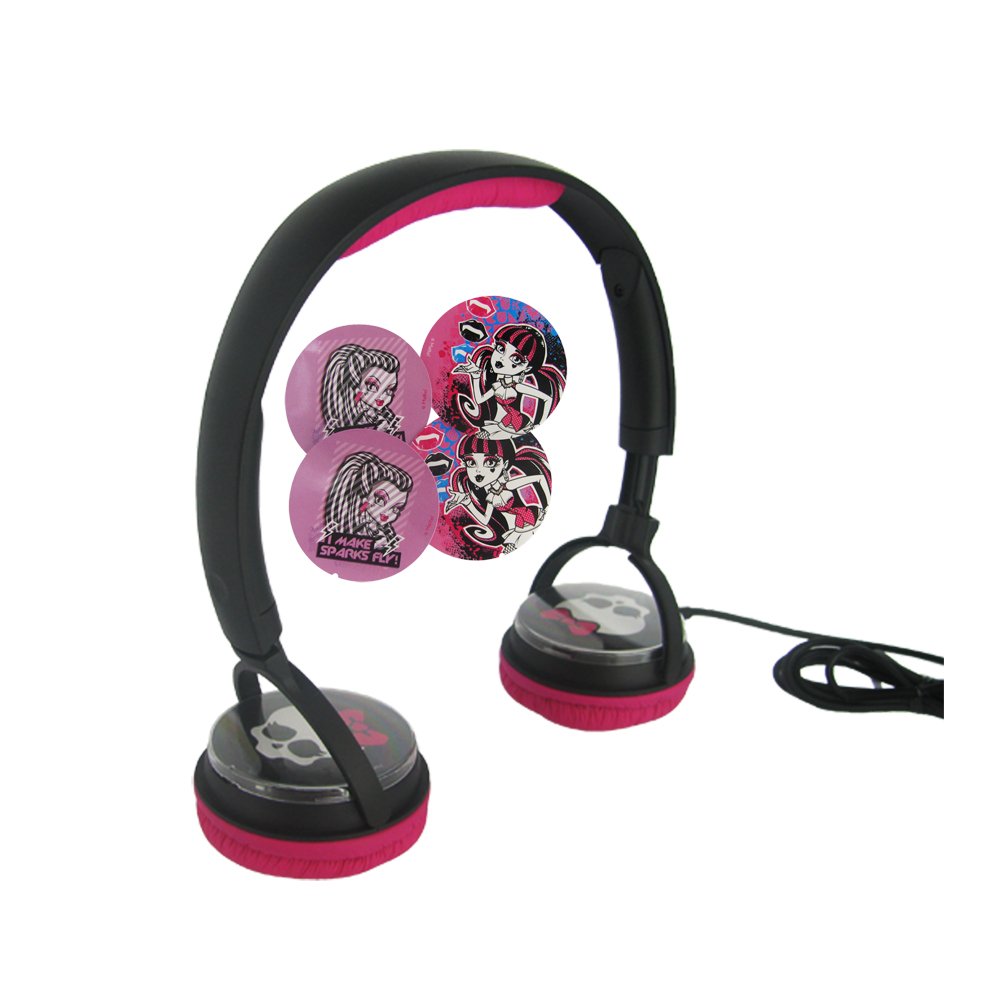 Black and pink Monster High headphones with skull-print ear cups and four swappable character stickers