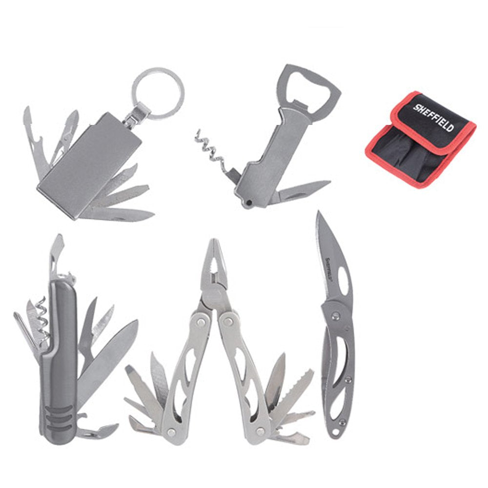 Sheffield 5-piece multi-tool set: key chain tool, bottle opener, pocket knife, pliers, folding knife and sheath