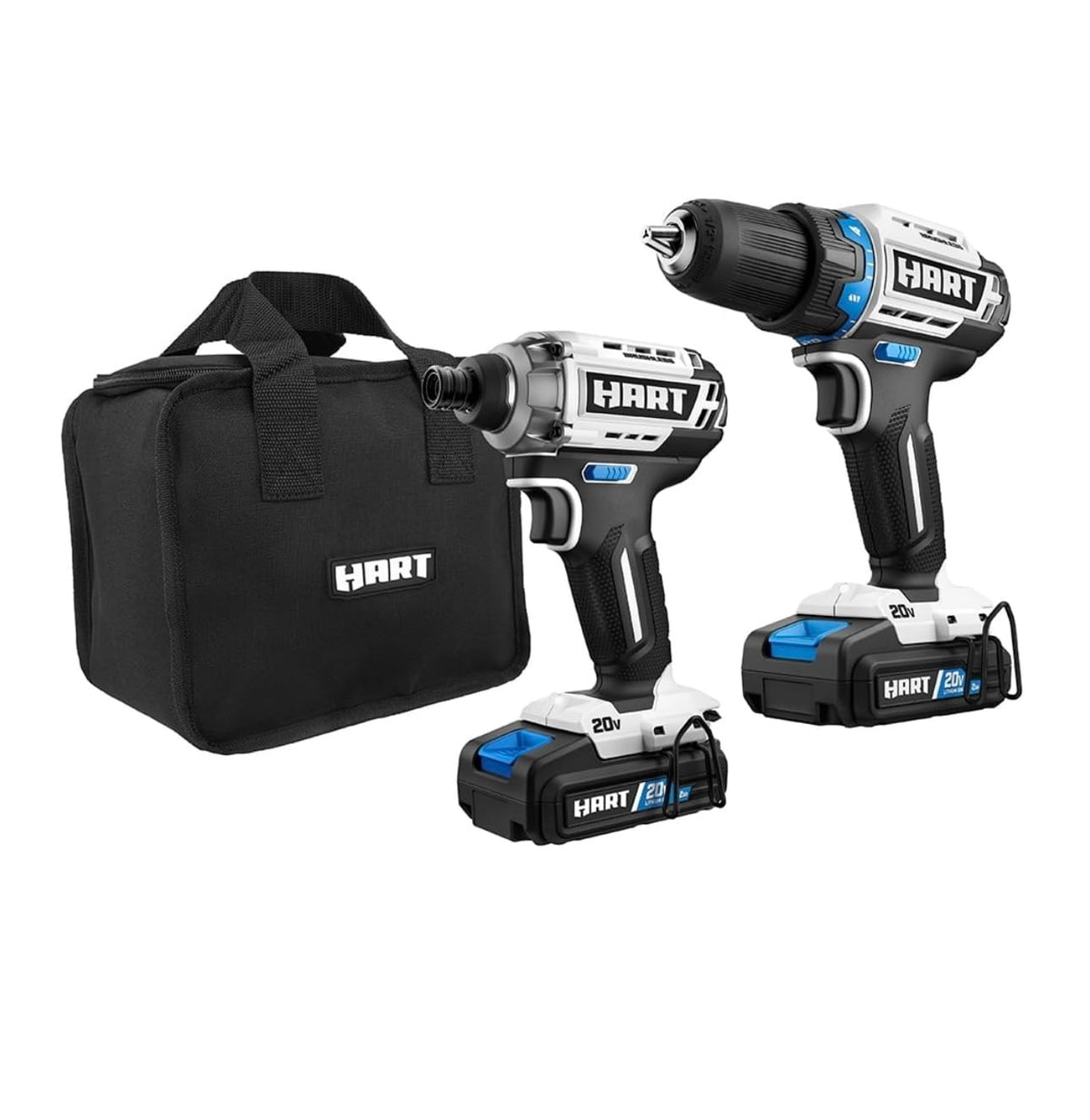HART 20V cordless drill and impact driver beside a black soft storage bag