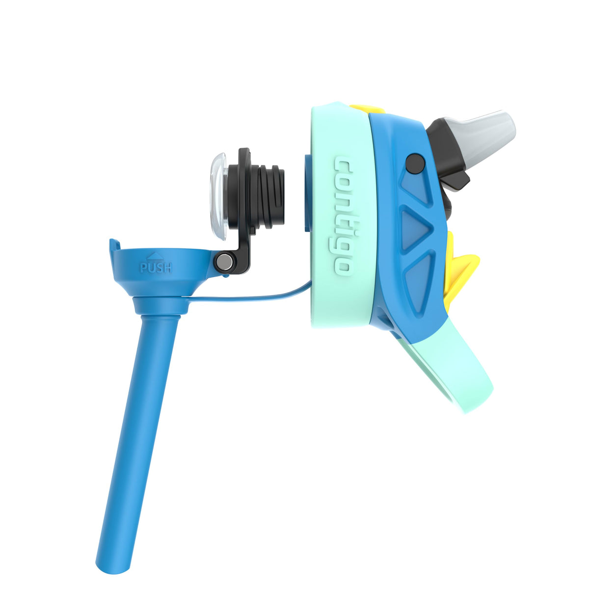 Bottle lid with the straw base hinged open to show the valve for cleaning