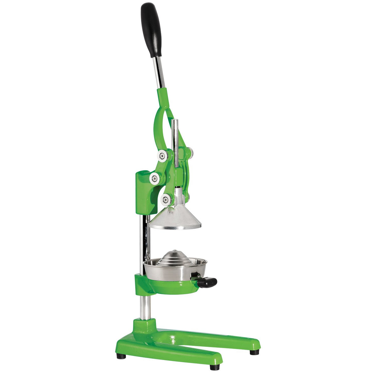 Green citrus press with its lever raised and the cone lifted above the cup