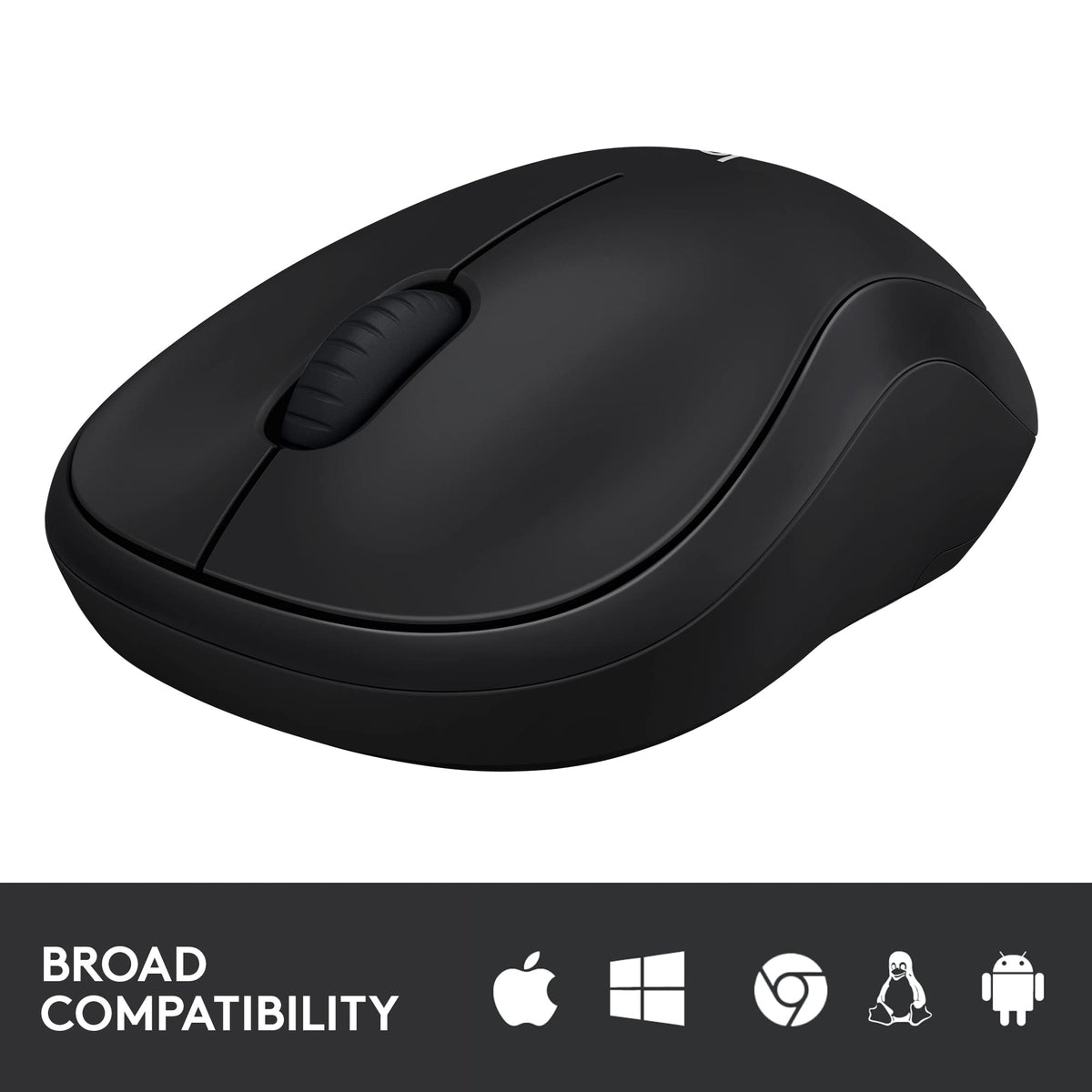 Black wireless mouse from the front with Apple, Windows, Chrome, Linux and Android icons