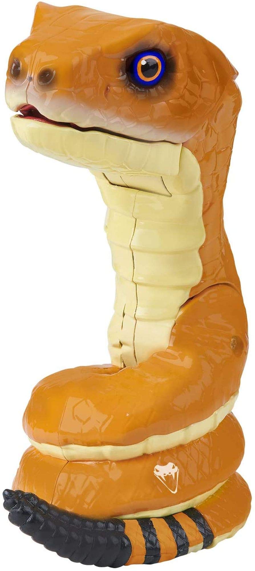 Orange snake toy with cream belly standing upright, mouth closed and blue eyes