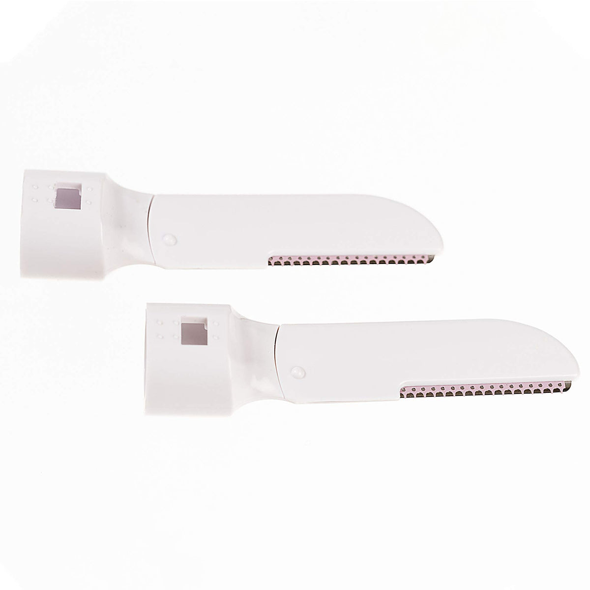 Two curved white brow blade cartridges lying side by side