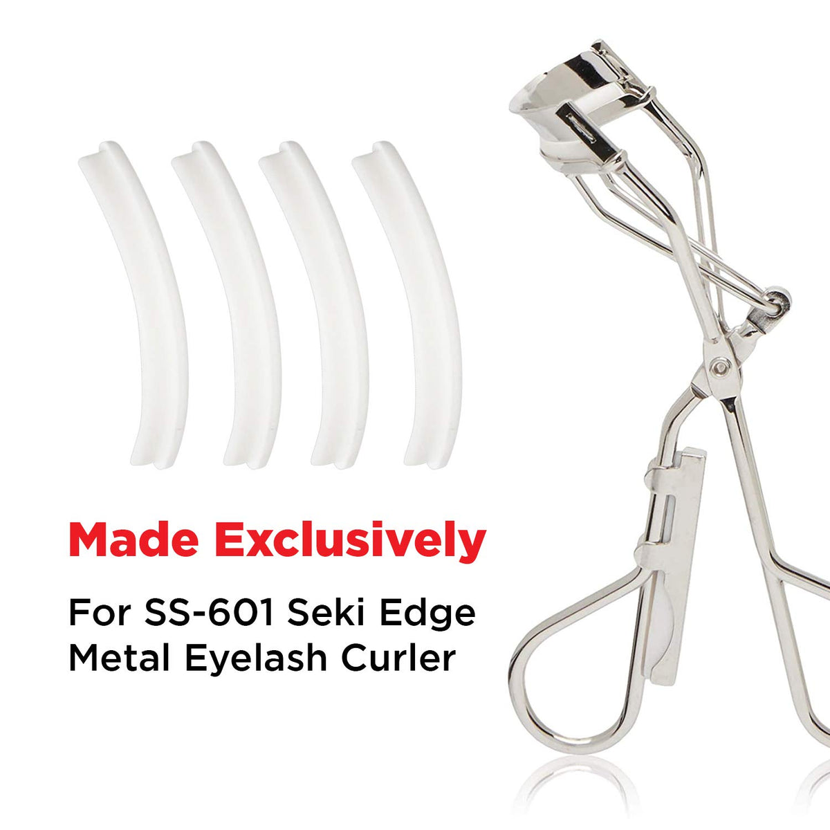 Four white pads beside a silver Seki Edge SS-601 metal eyelash curler