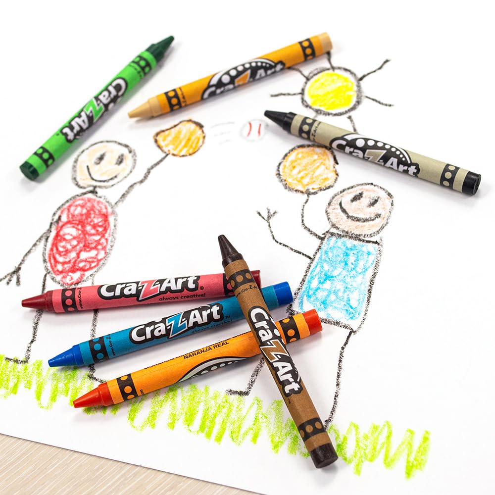 Cra-Z-Art crayons lying on a child's crayon drawing of stick figures and a sun