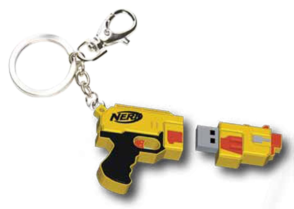 Yellow and orange blaster-shaped USB flash drive keychain with its cap removed
