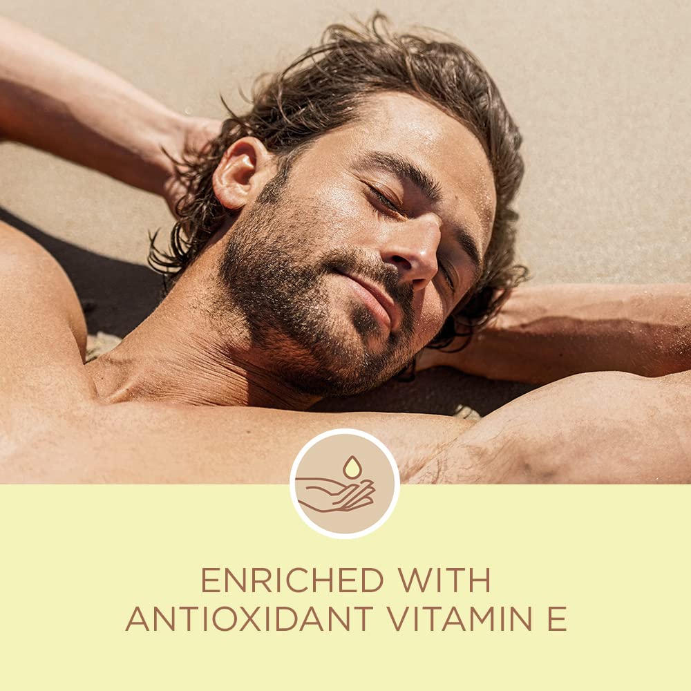 Man relaxing on sand with eyes closed above text about vitamin E enrichment