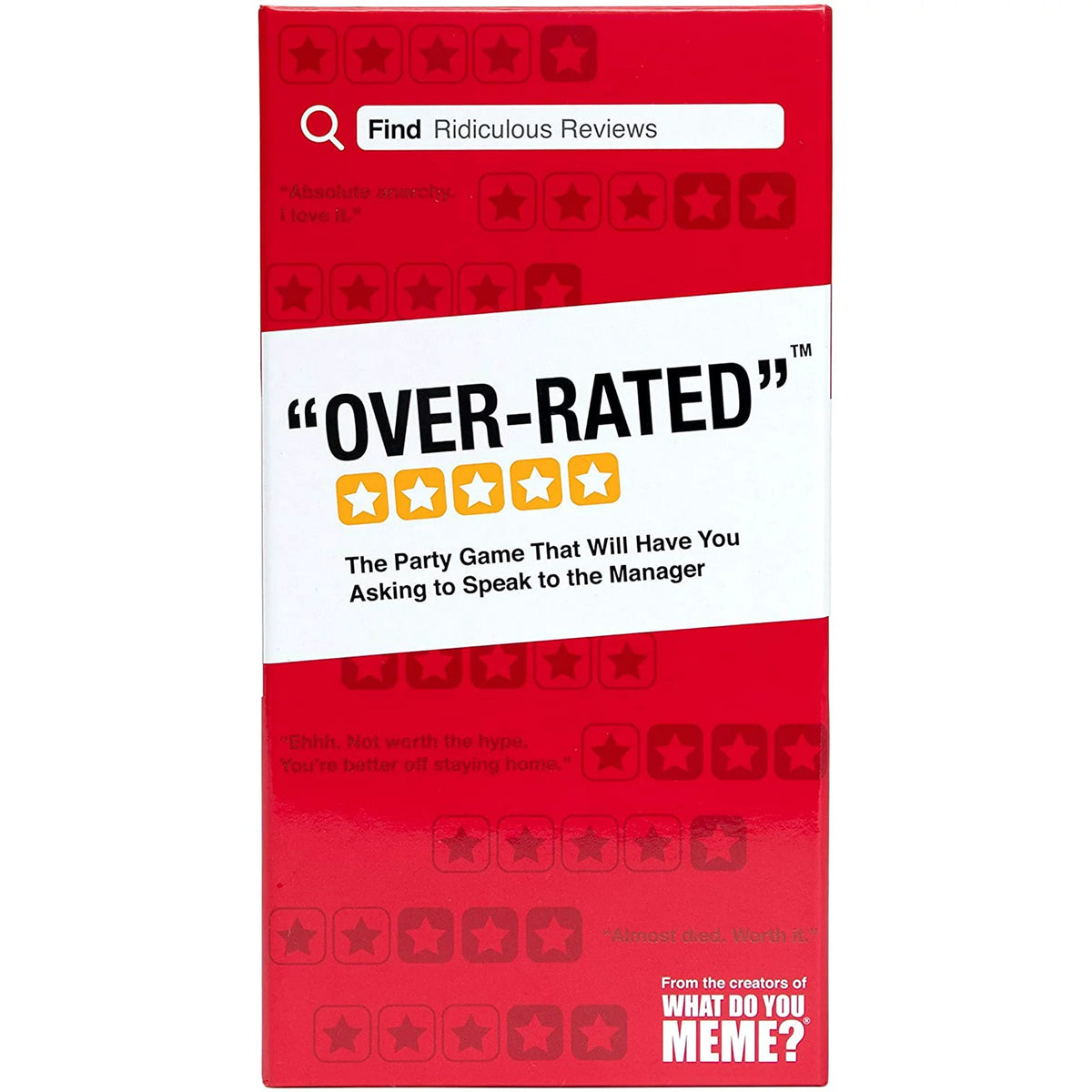 Front of the red and white Over-Rated party game box with five yellow stars