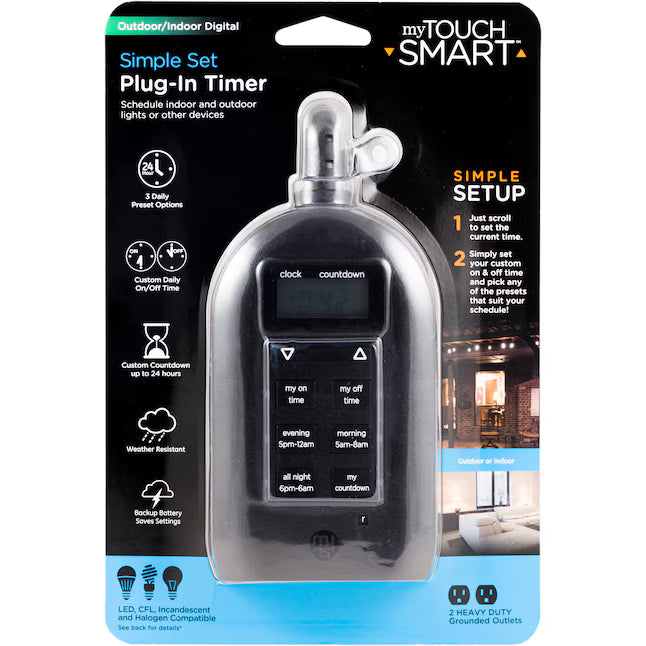 myTouchSmart 2-Outlet Programmable Digital Countdown Lighting Timer, Indoor/Outdoor