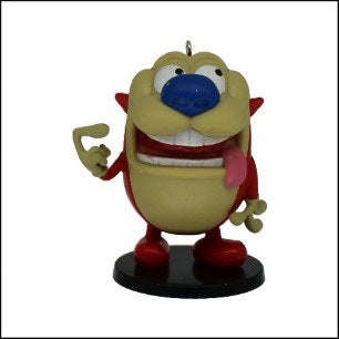 Small view of a red and tan cartoon cat ornament with a blue nose and tongue out on a black base