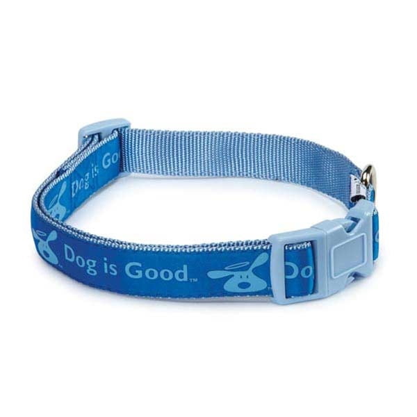 Blue nylon dog collar printed with Dog is Good and a cartoon dog, light blue buckle