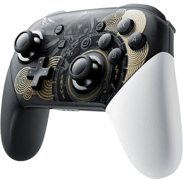 Angled Tears of the Kingdom controller with one white grip and gold patterns