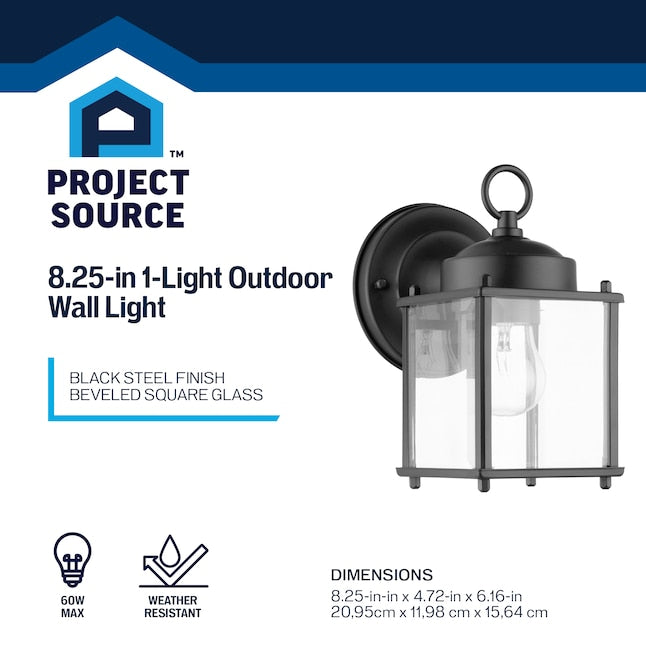 Spec card for the 8.25 inch black steel wall light with beveled square glass