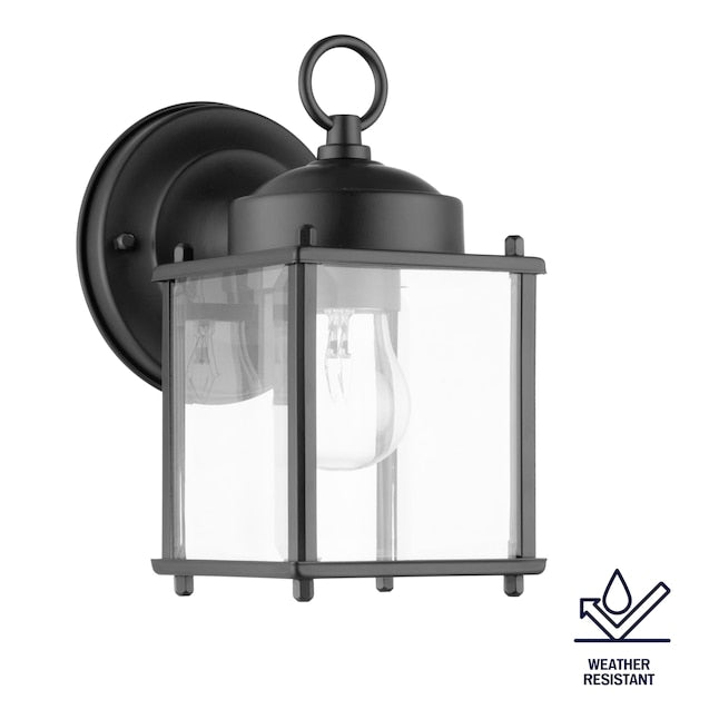 Black lantern wall light at an angle with a weather resistant icon