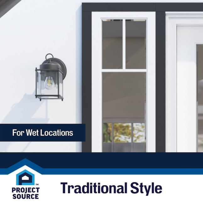 Black lantern wall light by a window with For Wet Locations and Traditional Style text