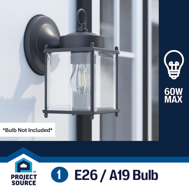 Lantern close-up noting one E26 A19 bulb, 60W max, bulb not included