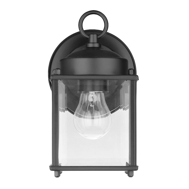 Front view of the black lantern with a clear bulb and rounded backplate