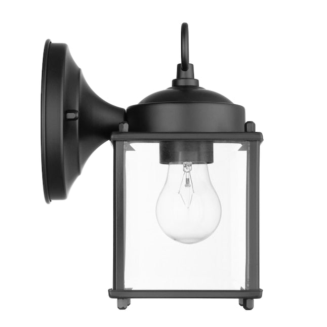 Side view of the black lantern wall light with a clear bulb inside